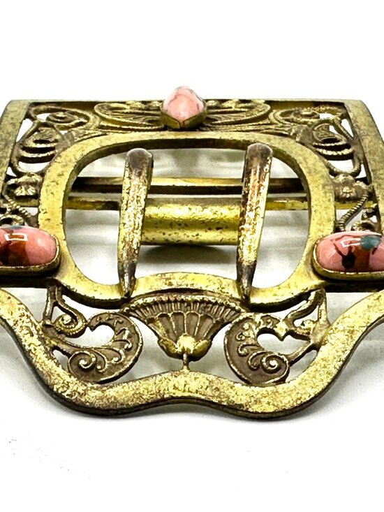 Art Nouveau Belt Buckle with Rhodonite Cabochons—Convert into Brooch or Pendant - Picture 9 of 11